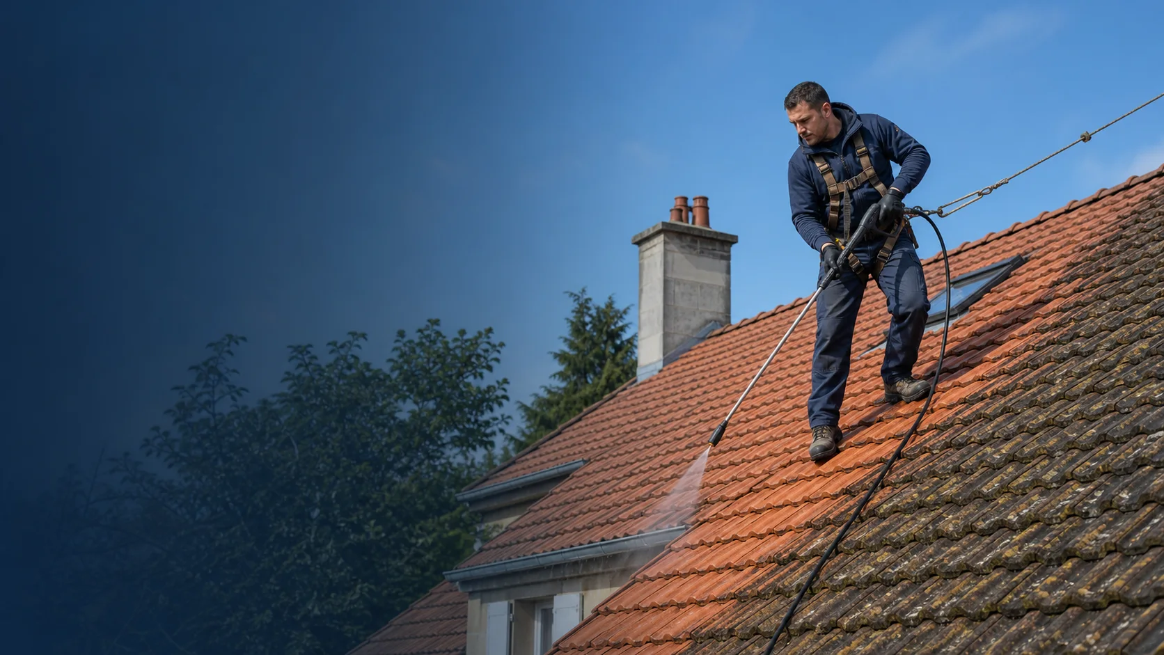 Artisan Bencleaner nettoyant avec soin la toiture d'une maison